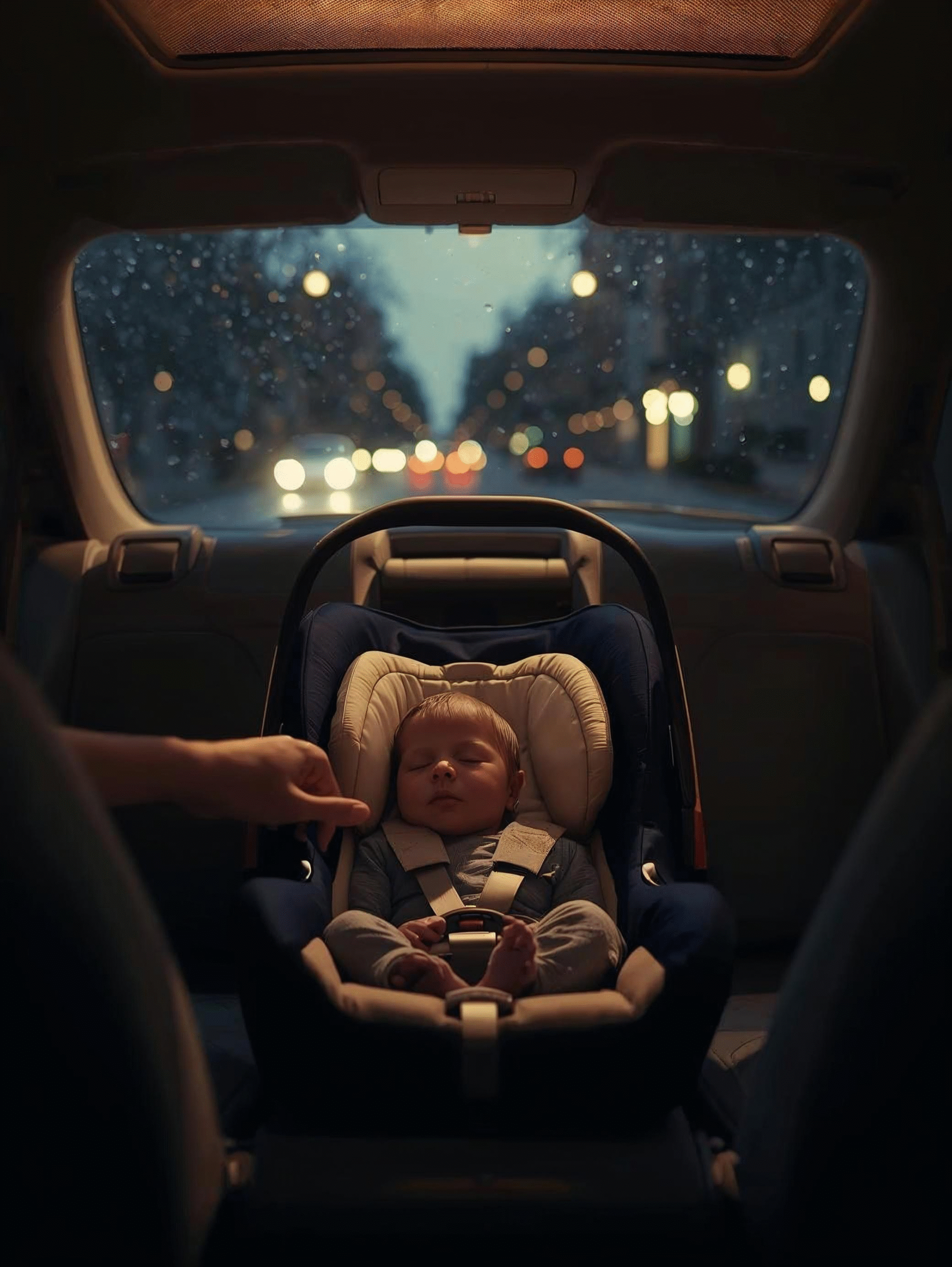 Family relaxing with baby gear at home