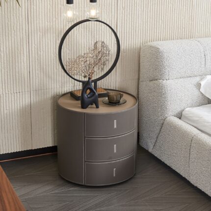 Pre-order 15 Days Delivery Verona Grey Walnut Veneer Saddle Leather Cabinet MLL-T98